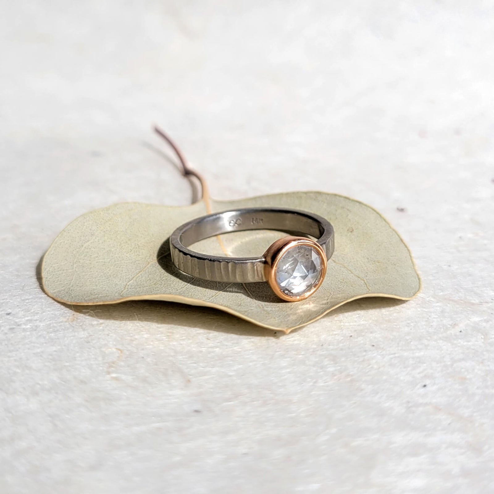 Rose Cut Diamond Ring in Palladium and Rose Gold