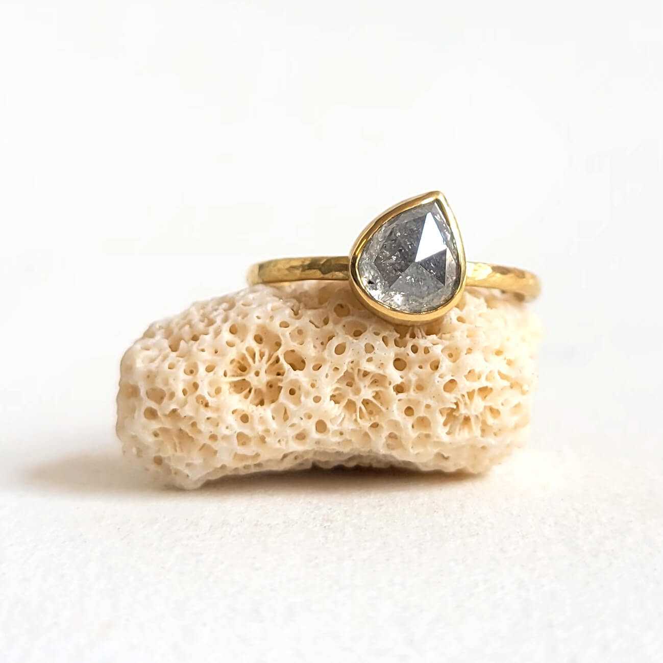 Tilted Teardrop Rose Cut Diamond Ring in Hammered Yellow Gold