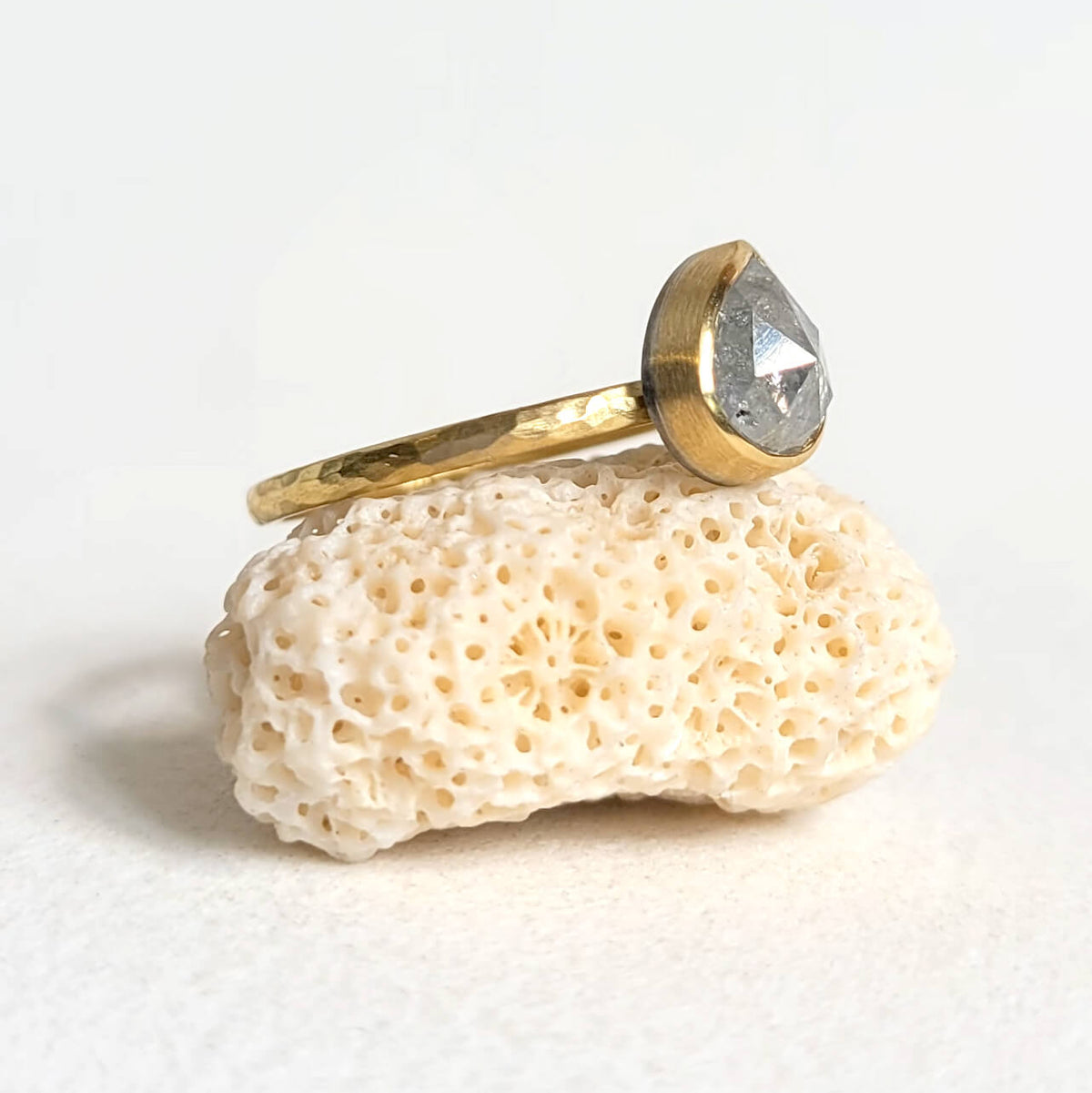 Tilted Teardrop Rose Cut Diamond Ring in Hammered Yellow Gold