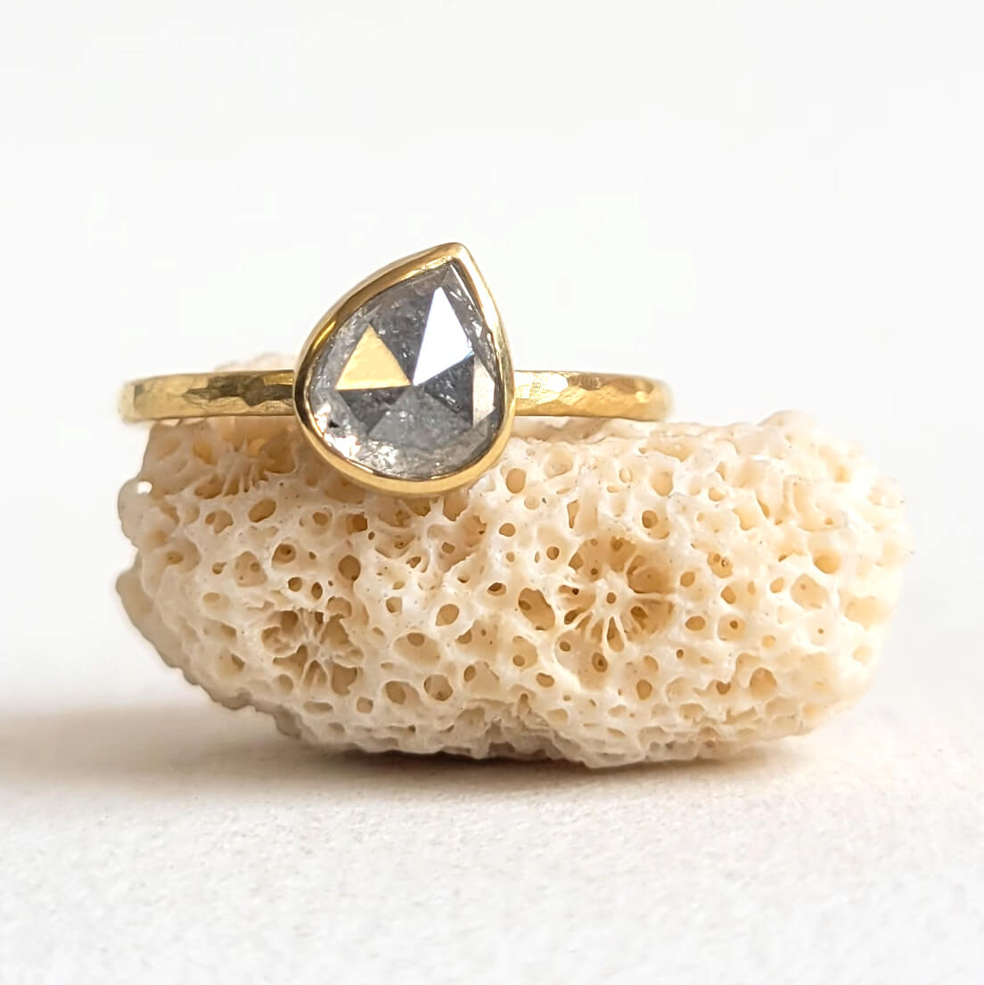 Tilted Teardrop Rose Cut Diamond Ring in Hammered Yellow Gold