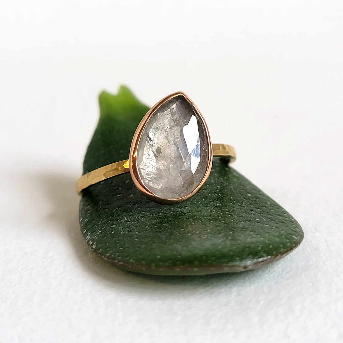 White Rose Cut Teardrop Sapphire Ring in Yellow Gold