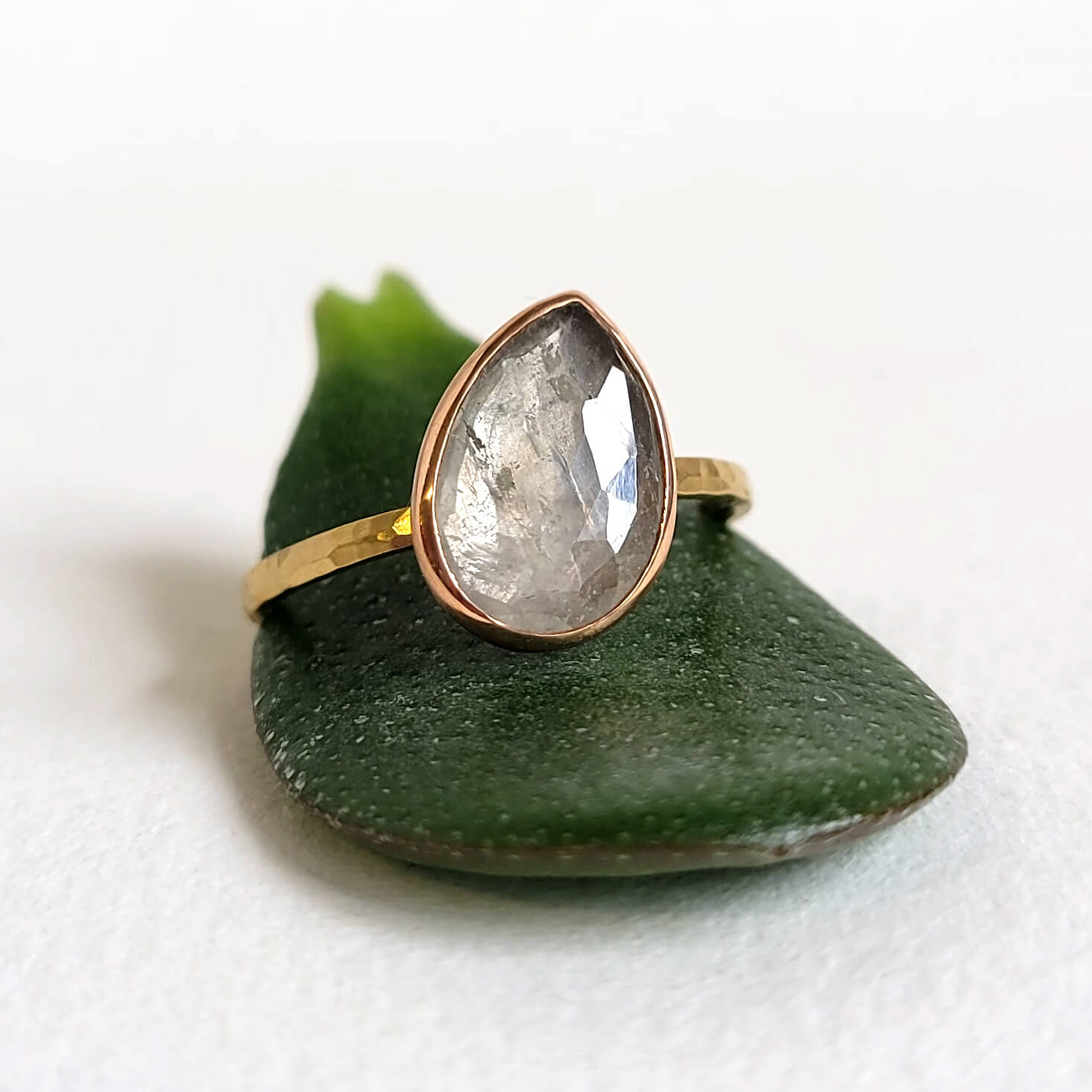 White Rose Cut Teardrop Sapphire Ring in Yellow Gold