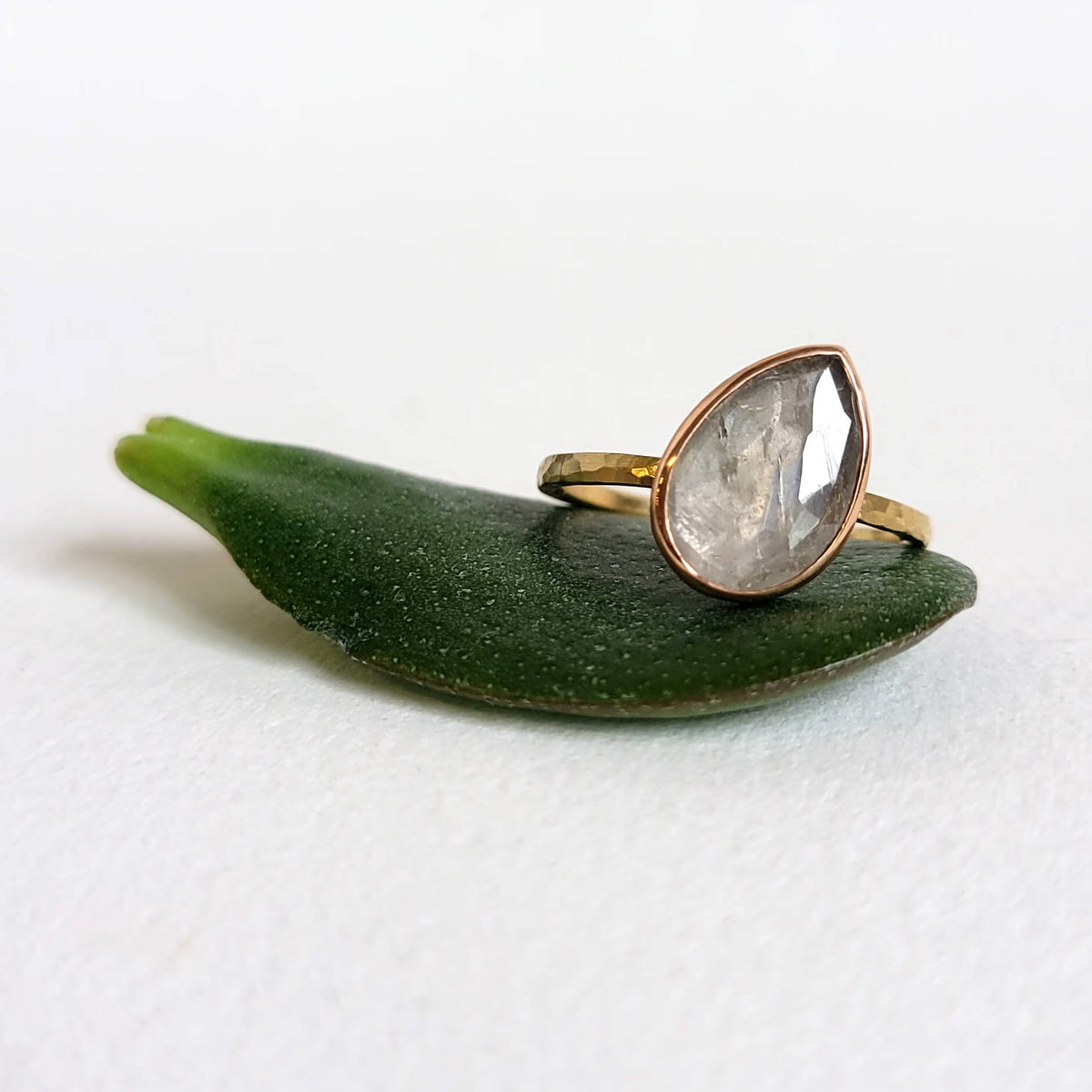 White Rose Cut Teardrop Sapphire Ring in Yellow Gold