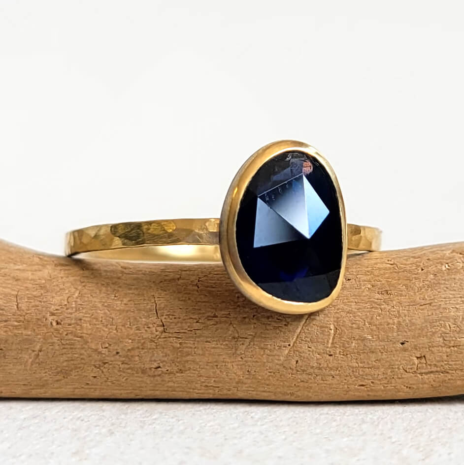 Deep Blue Organic Sapphire Ring in Hammered Gold