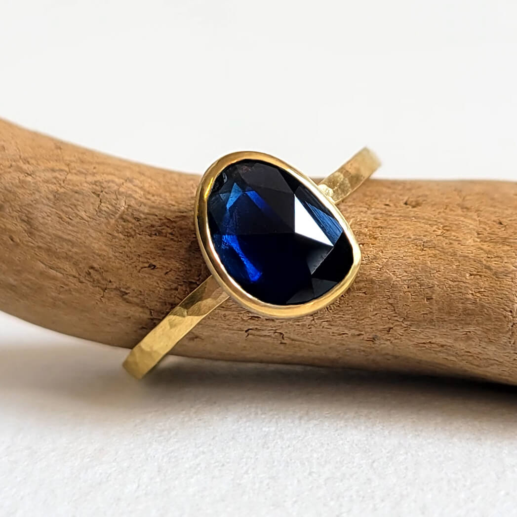 Deep Blue Organic Sapphire Ring in Hammered Gold