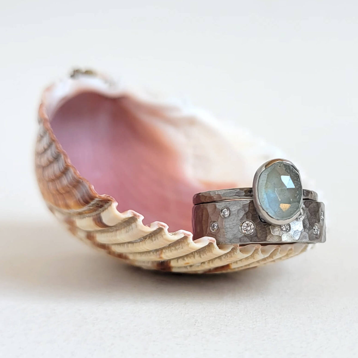 Oval Pale Gray Rose Cut Sapphire Ring in Palladium