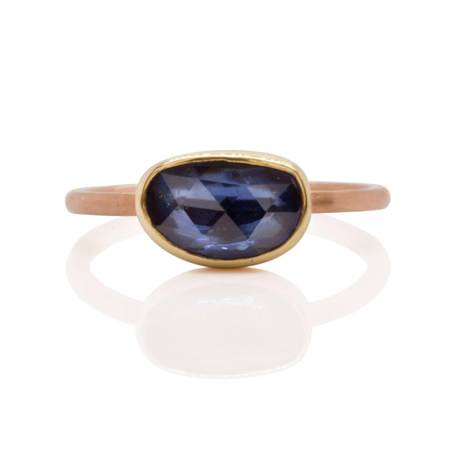 Organic Shaped Blue Rose Cut Sapphire Ring in Yellow and Rose Gold