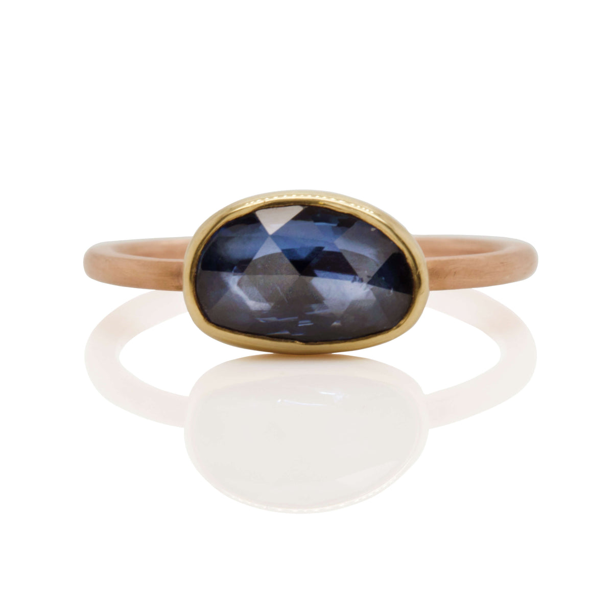 Organic Shaped Blue Rose Cut Sapphire Ring in Yellow and Rose Gold