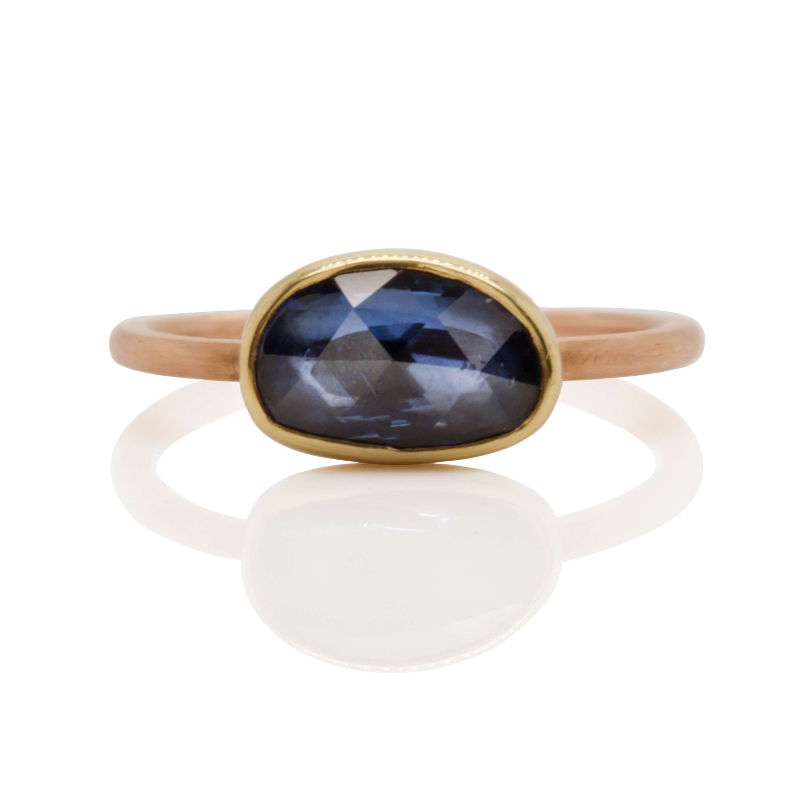 Organic Shaped Blue Rose Cut Sapphire Ring in Yellow and Rose Gold