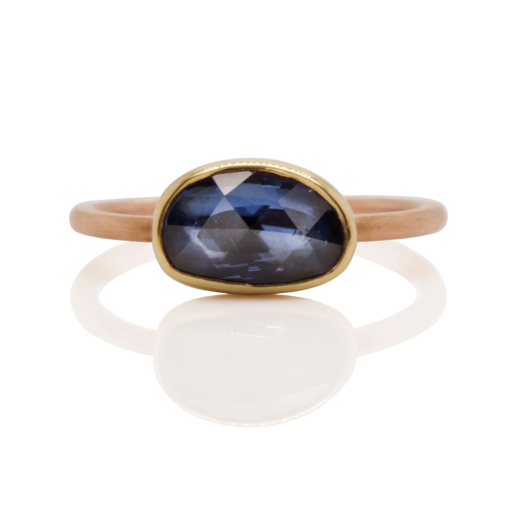 Organic Shaped Blue Rose Cut Sapphire Ring in Yellow and Rose Gold