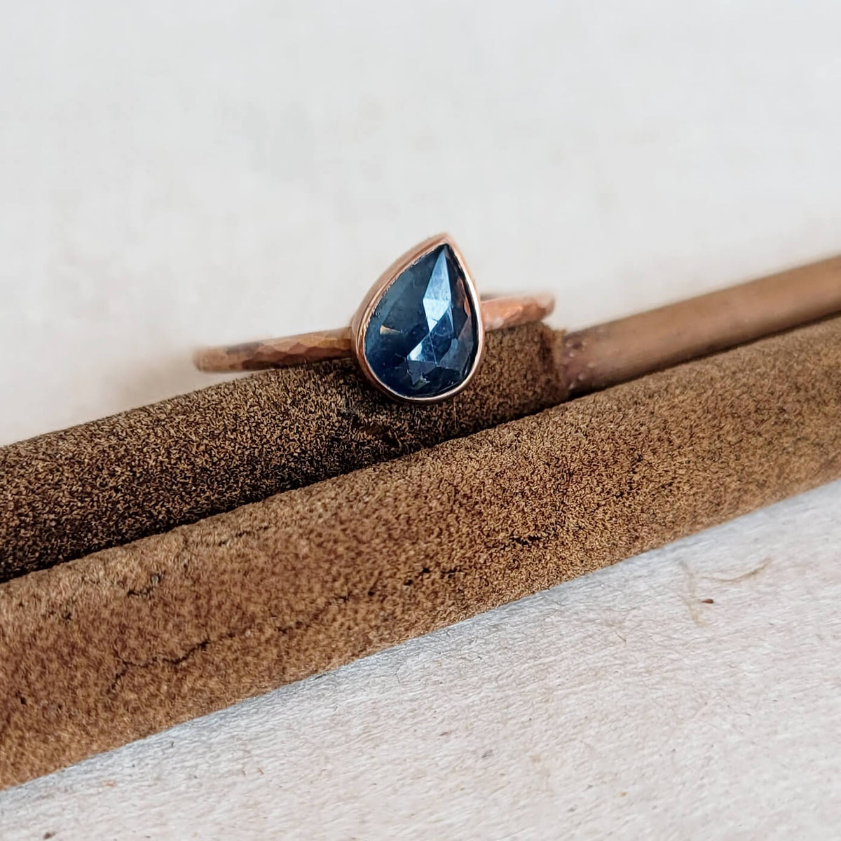 Tilted Teardrop Blue Rose Cut Sapphire Ring in Rose Gold