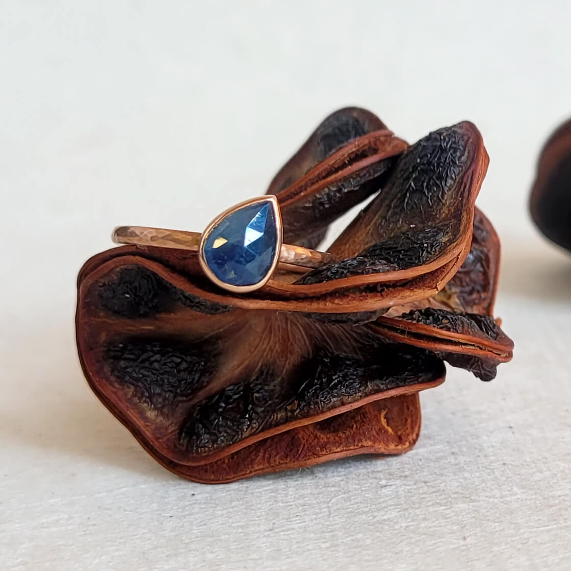 Tilted Teardrop Blue Rose Cut Sapphire Ring in Rose Gold