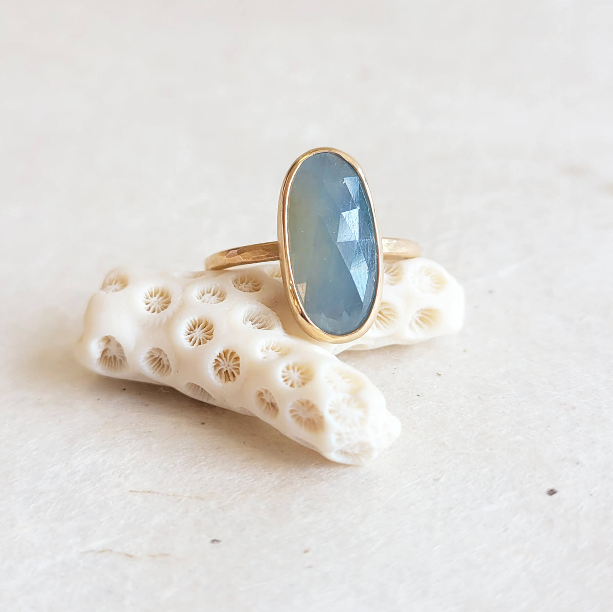 Elongated Oval Sapphire Ring with a Pale Blue Hue
