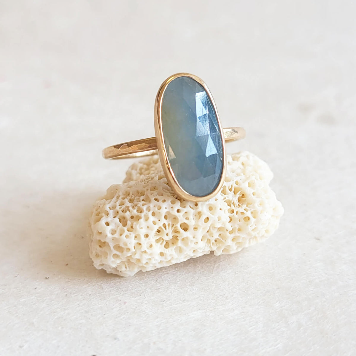 Elongated Oval Sapphire Ring with a Pale Blue Hue