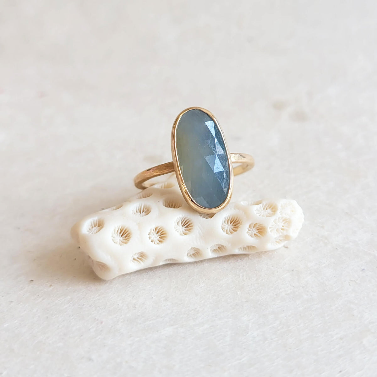 Elongated Oval Sapphire Ring with a Pale Blue Hue