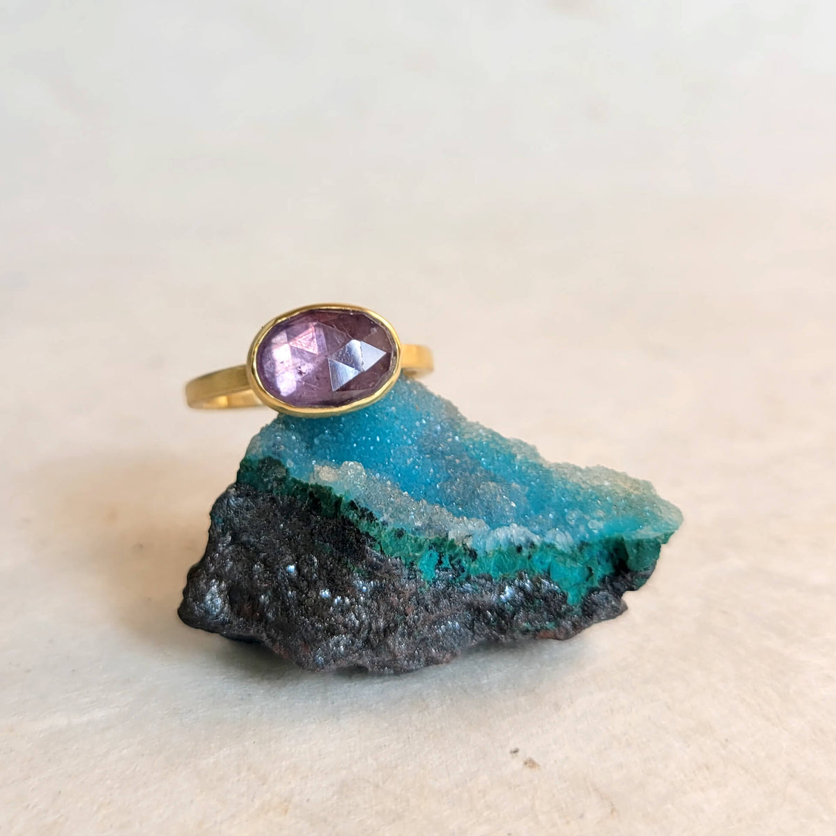 Purple-Pink Rose Cut Sapphire Ring in Yellow Gold