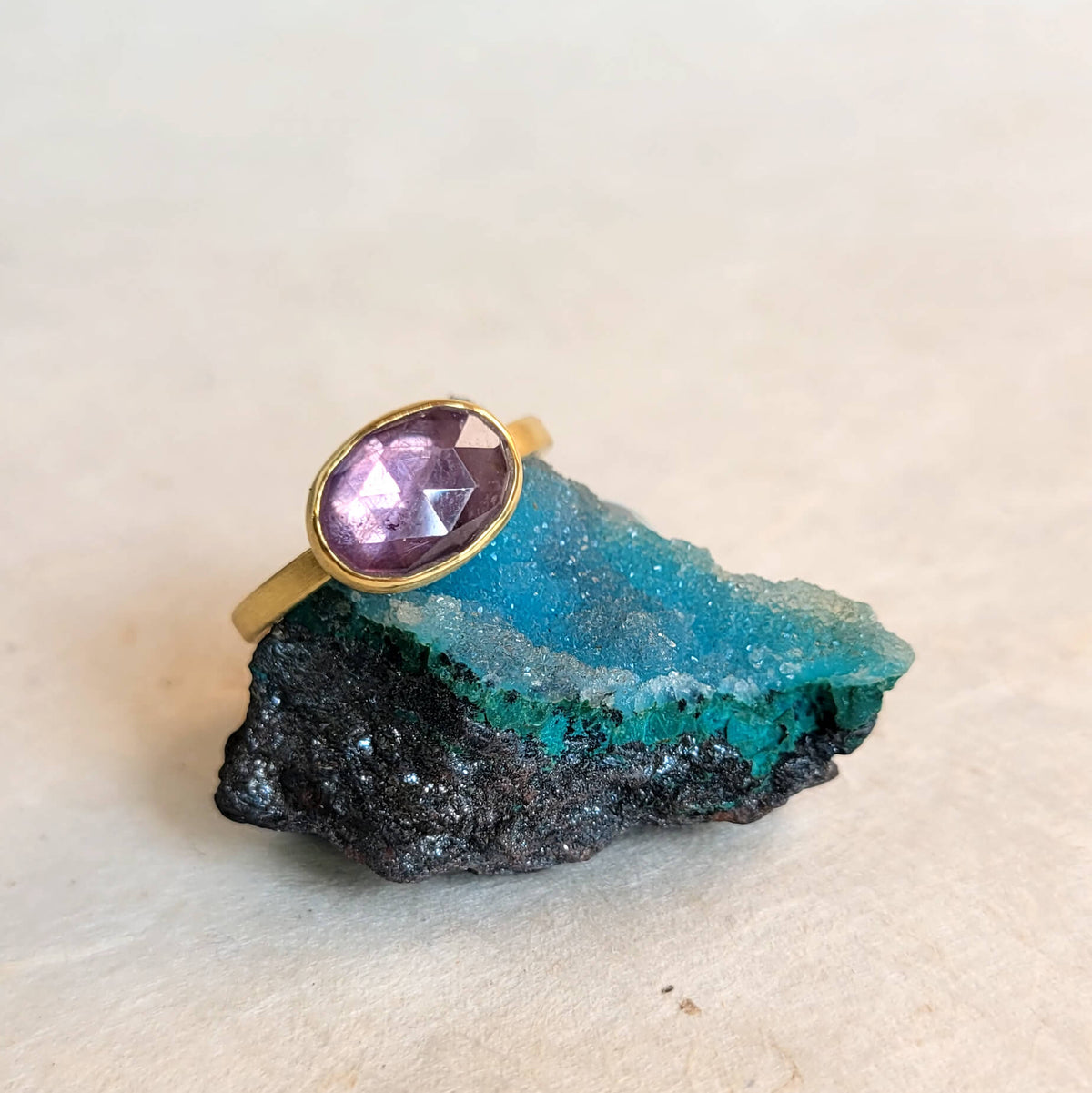 Purple-Pink Rose Cut Sapphire Ring in Yellow Gold