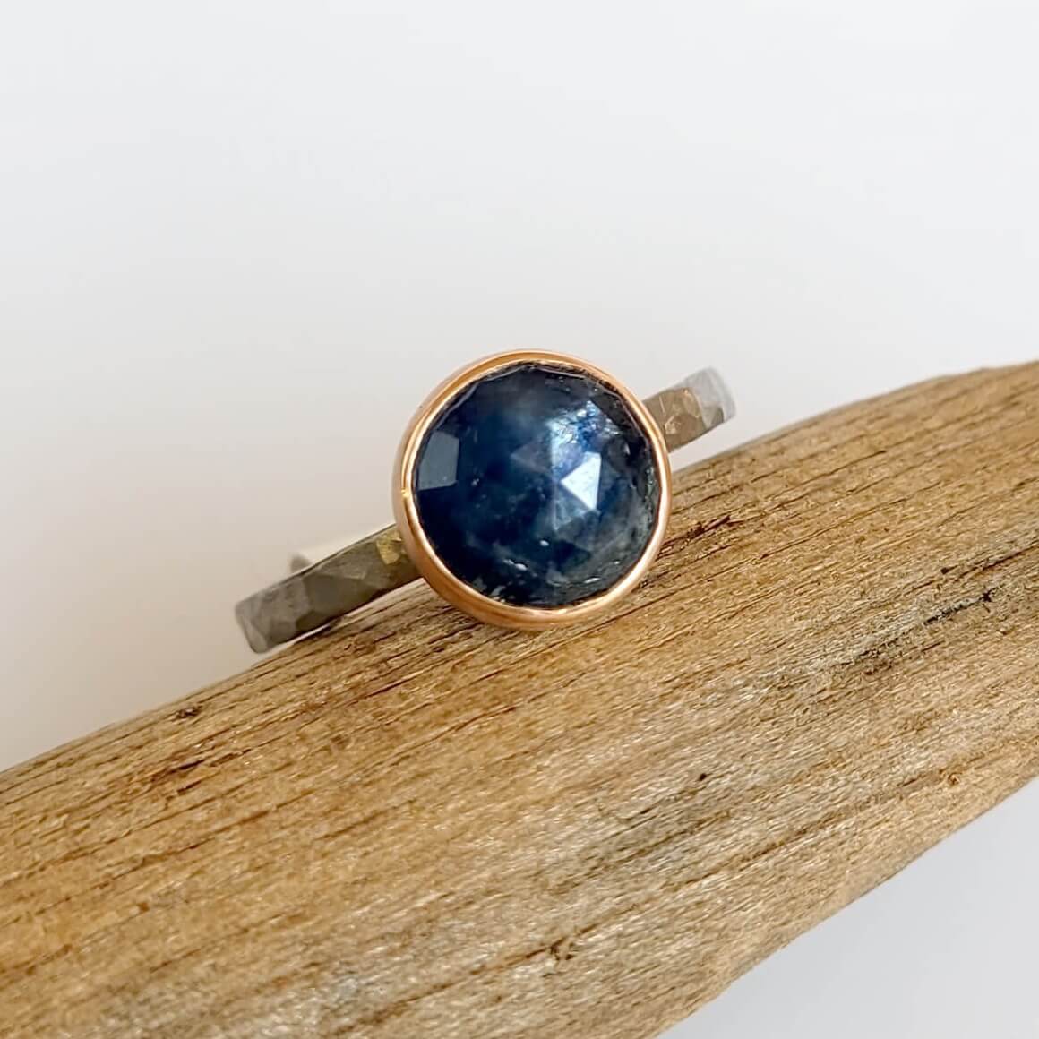 Blue Sapphire Ring in Rose Gold and Hammered Palladium