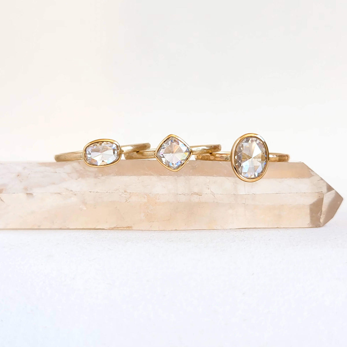 Dainty Tilted Square Moissanite Ring in Hammered Yellow Gold