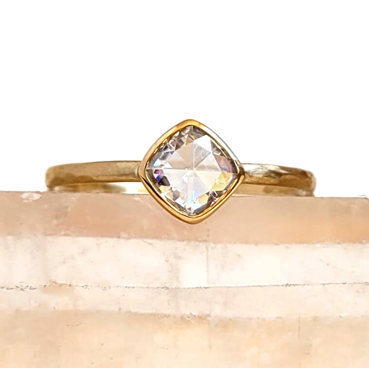 Dainty Tilted Square Moissanite Ring in Hammered Yellow Gold