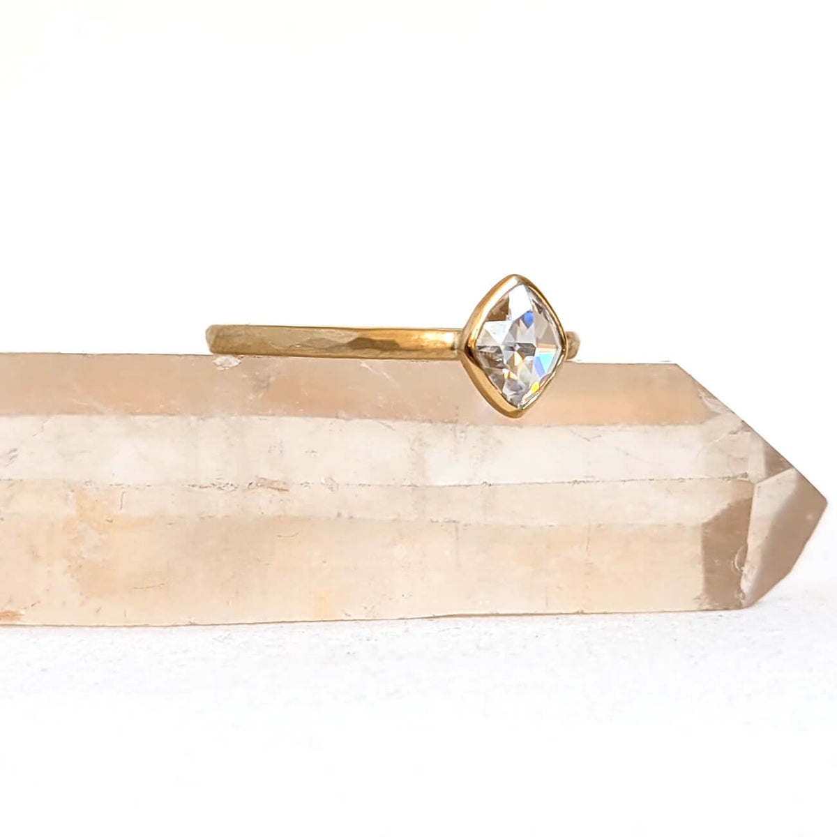 Dainty Tilted Square Moissanite Ring in Hammered Yellow Gold