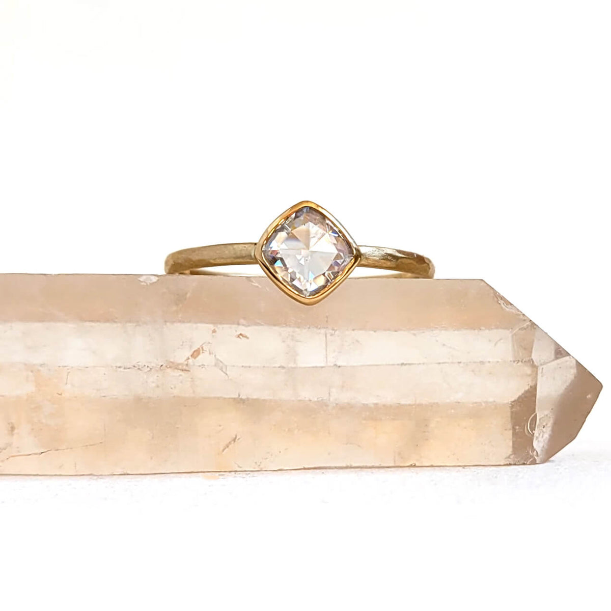 Dainty Tilted Square Moissanite Ring in Hammered Yellow Gold