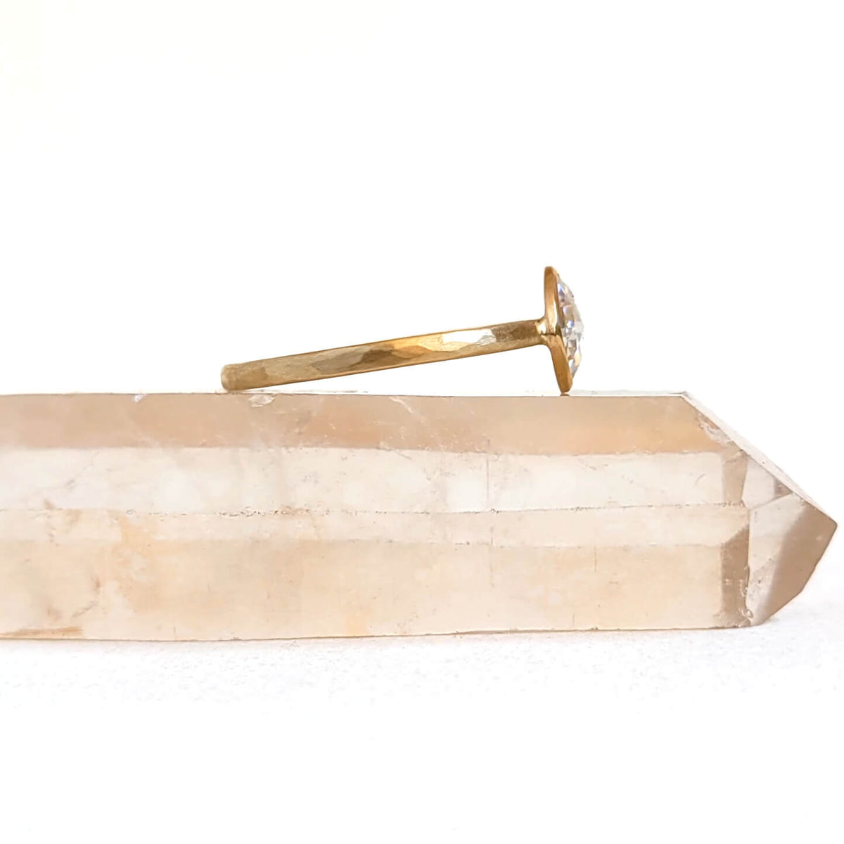 Dainty Tilted Square Moissanite Ring in Hammered Yellow Gold