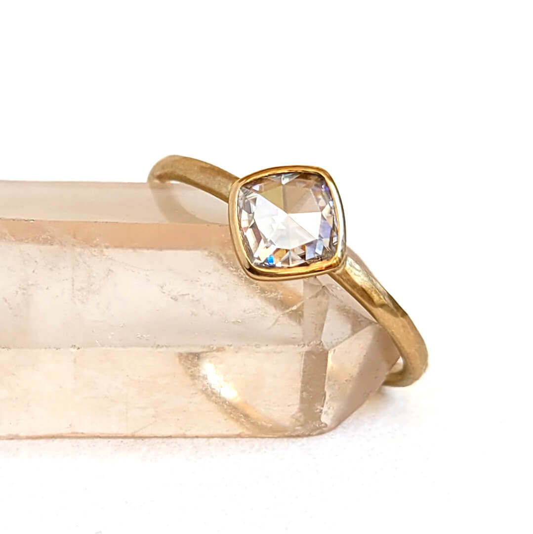 Dainty Tilted Square Moissanite Ring in Hammered Yellow Gold