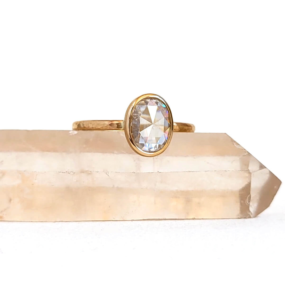 Oval Cushion Cut Moissanite Ring in Hammered Yellow Gold