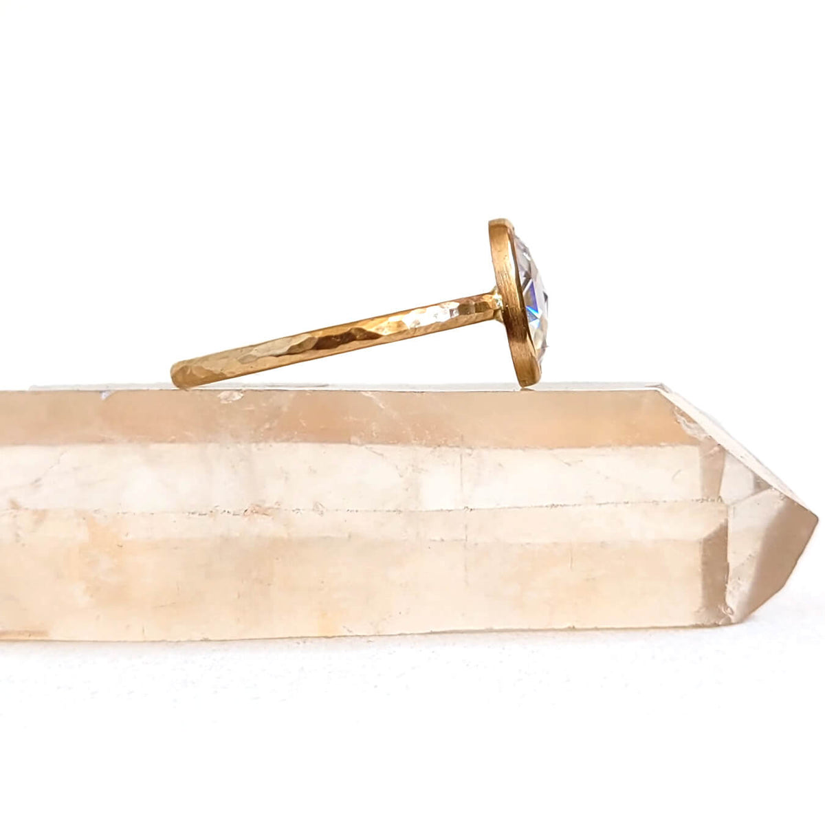 Oval Cushion Cut Moissanite Ring in Hammered Yellow Gold
