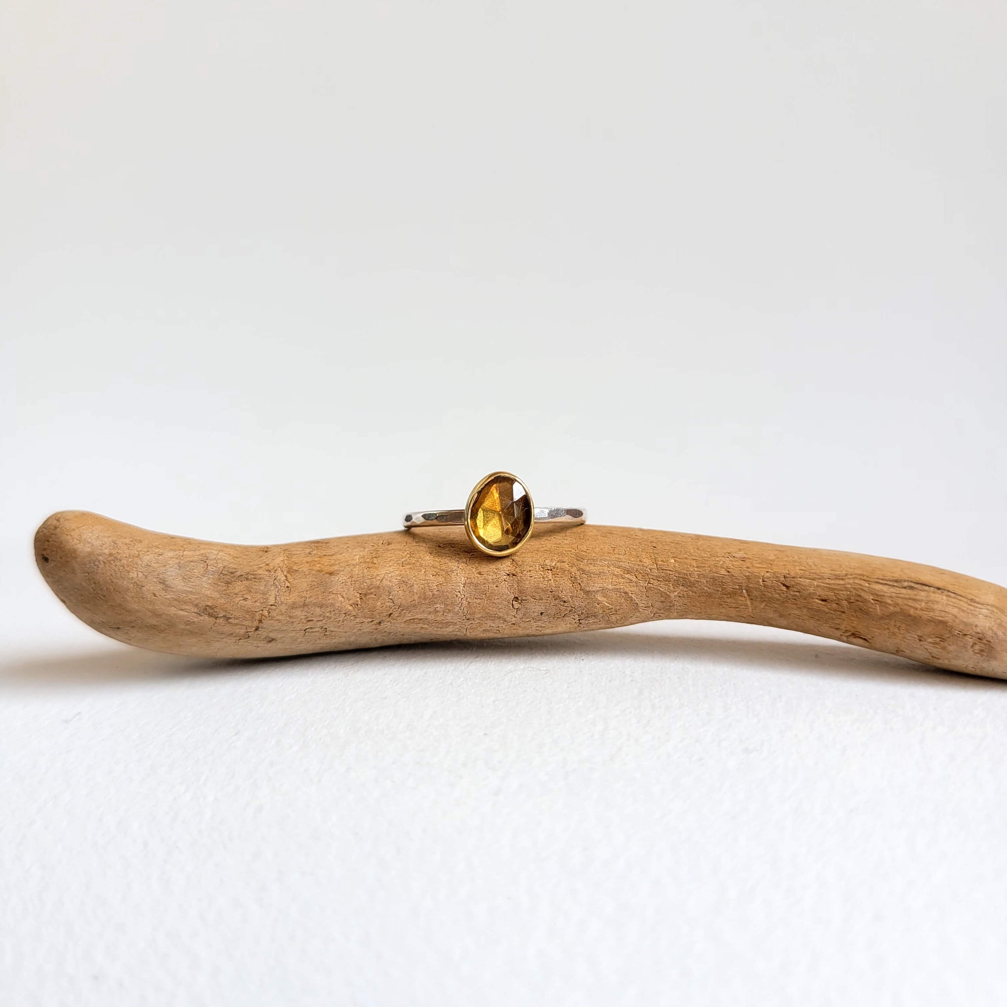 Irregular Yellow Sapphire Ring in Yellow Gold and Silver