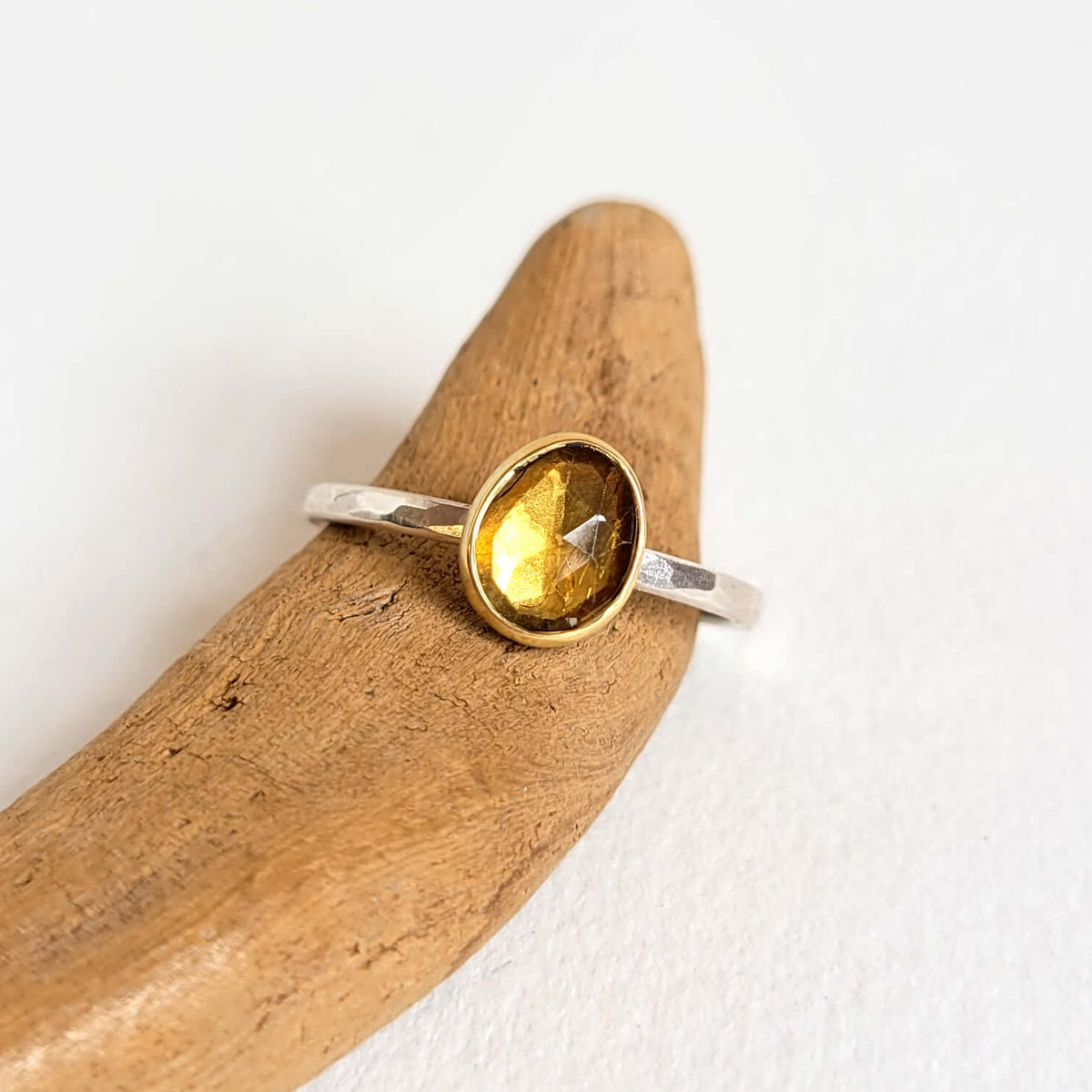 Irregular Yellow Sapphire Ring in Yellow Gold and Silver