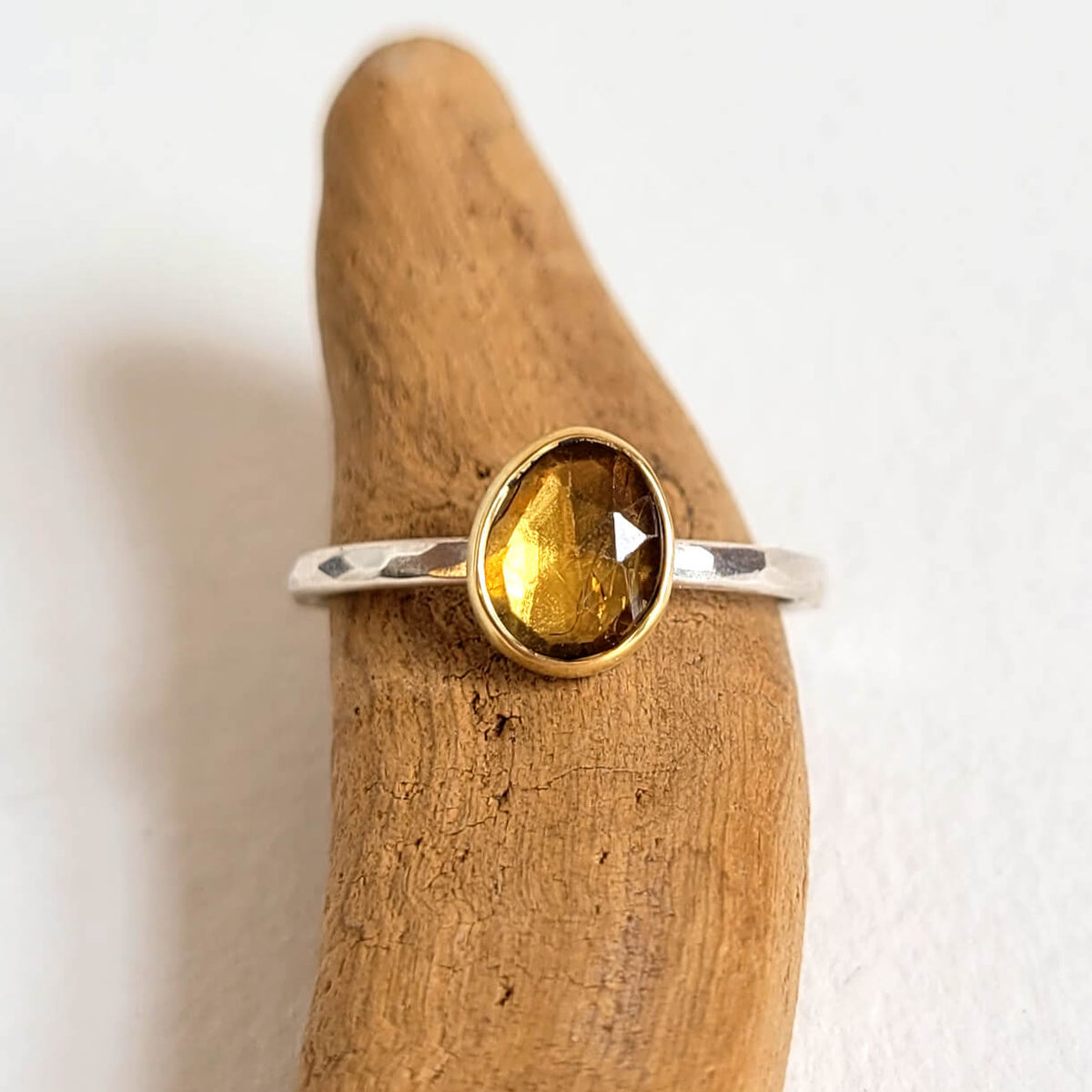 Irregular Yellow Sapphire Ring in Yellow Gold and Silver