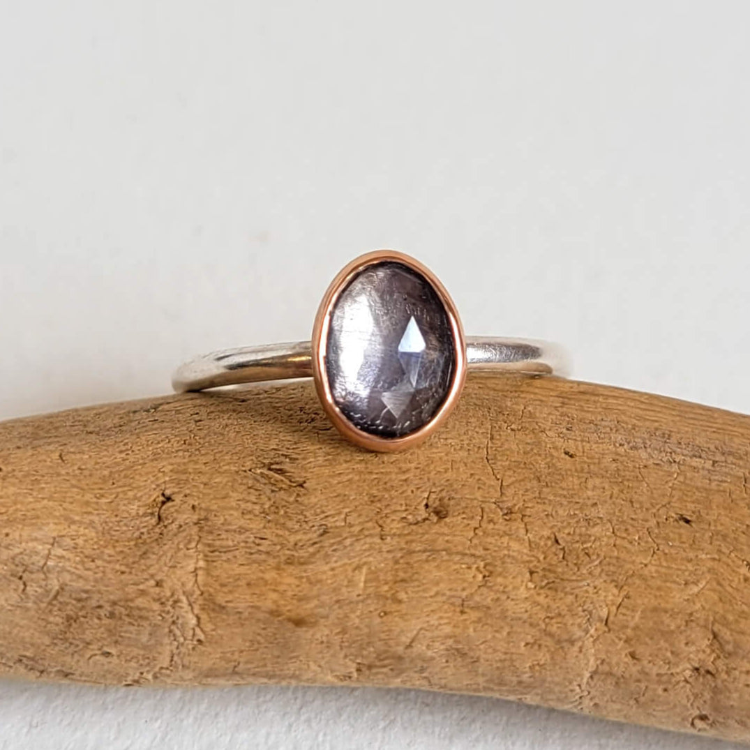 Purple Gray Sapphire Ring in Rose Gold and Silver