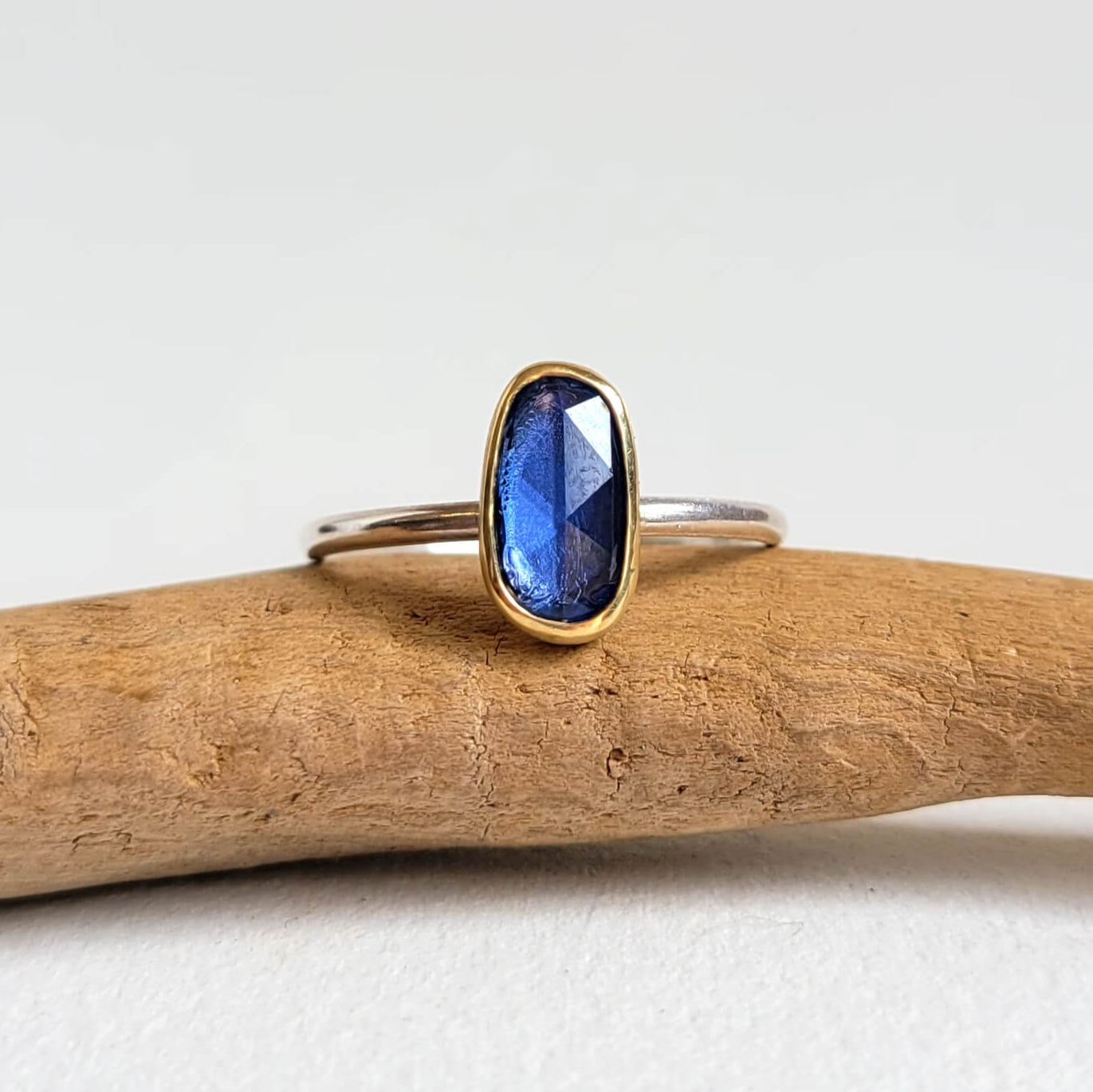 Irregular Oval Blue Sapphire Ring in Yellow Gold and Silver