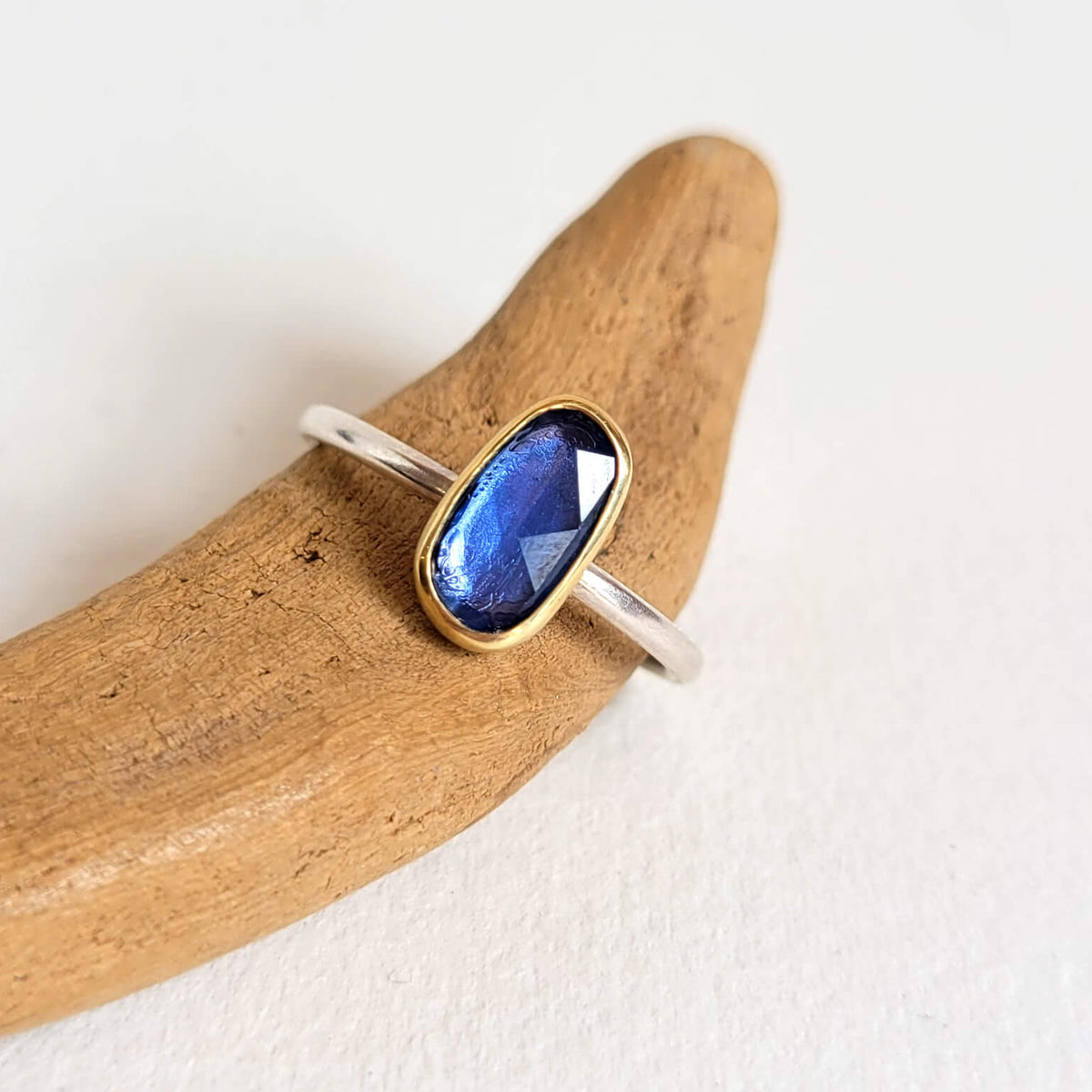 Irregular Oval Blue Sapphire Ring in Yellow Gold and Silver
