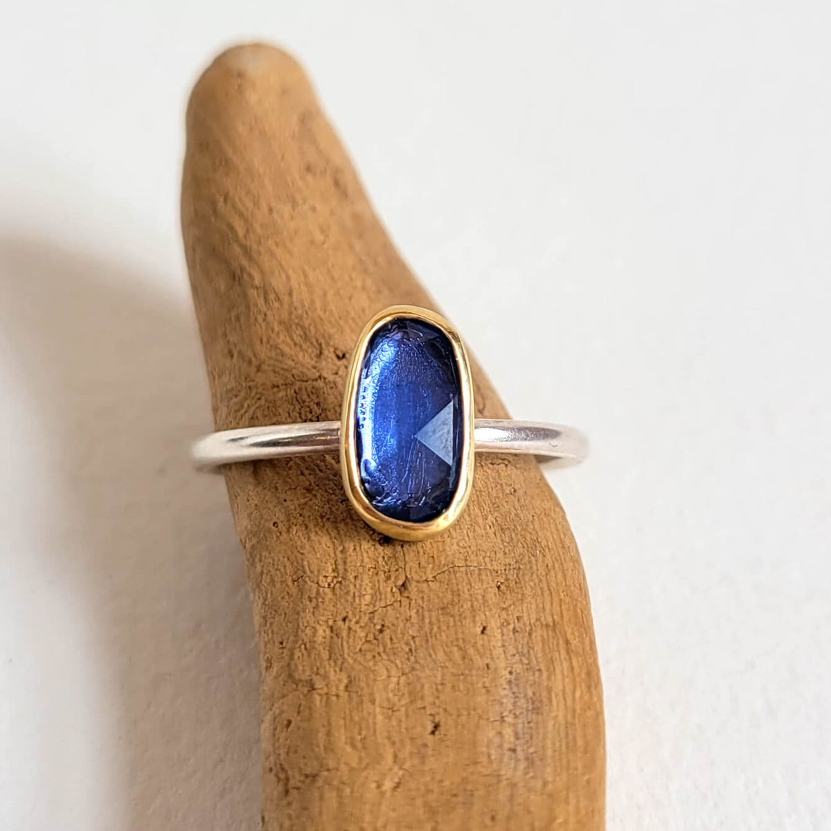 Irregular Oval Blue Sapphire Ring in Yellow Gold and Silver