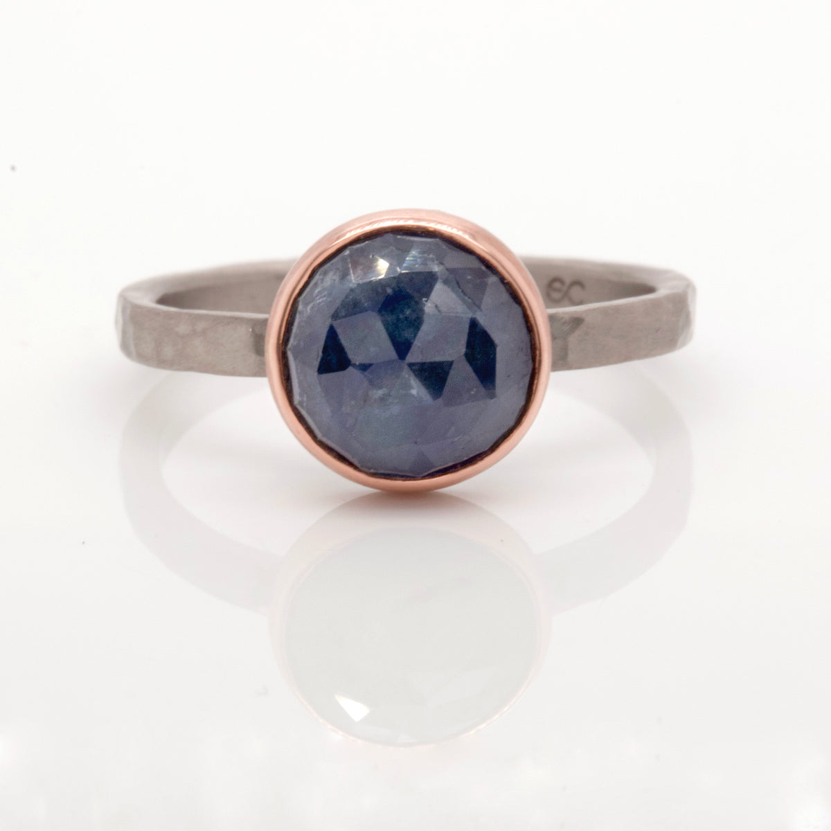 Blue Sapphire Ring in Rose Gold and Hammered Palladium