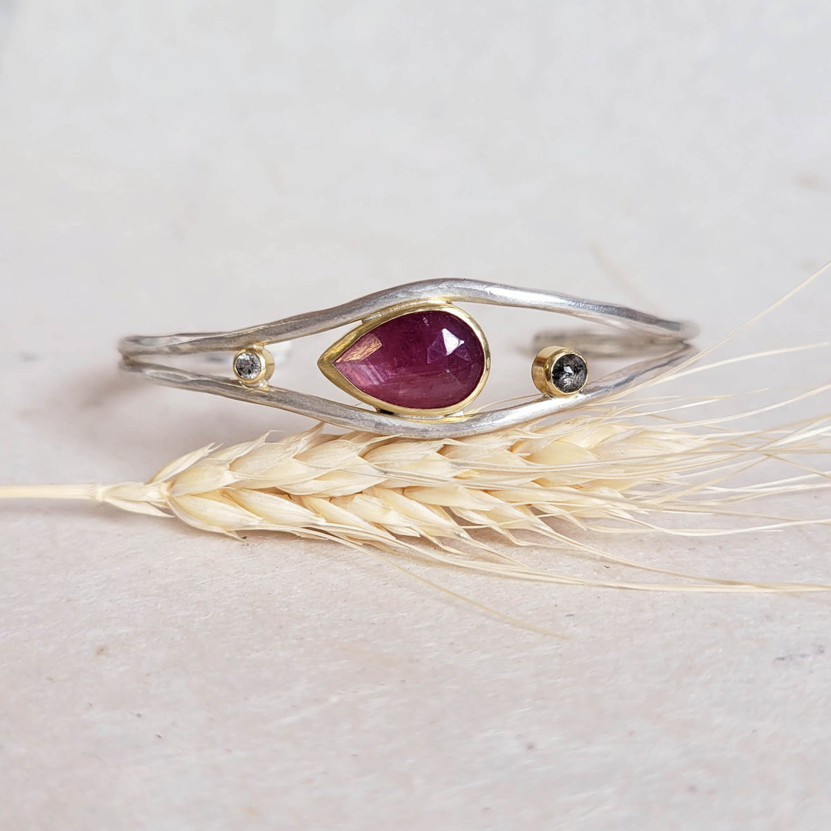 Sculptural Mixed Metal Cuff with Rosecut Sapphire and Diamonds