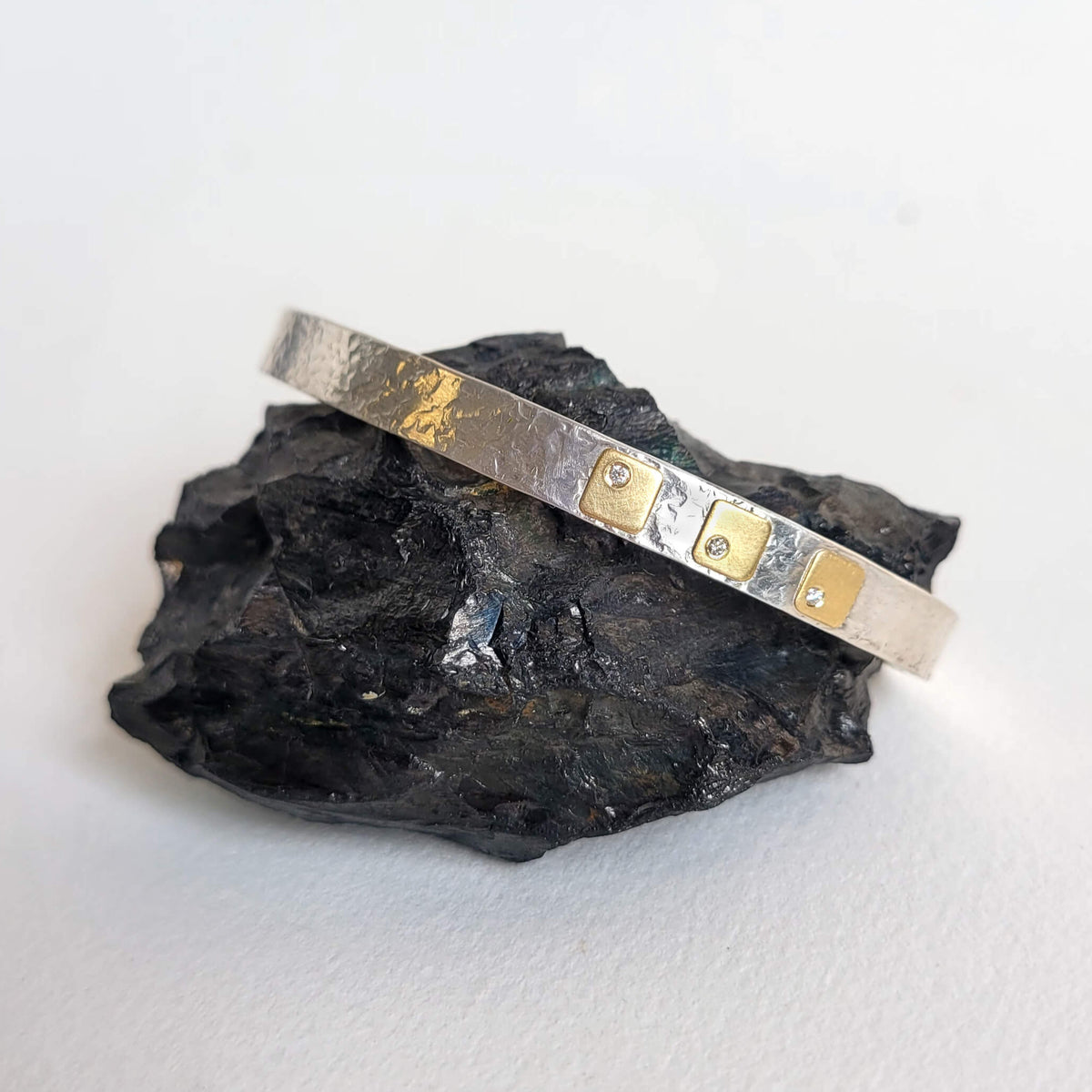 6mm Cell Cuff in Hammered Sterling Silver with White Diamond Accent