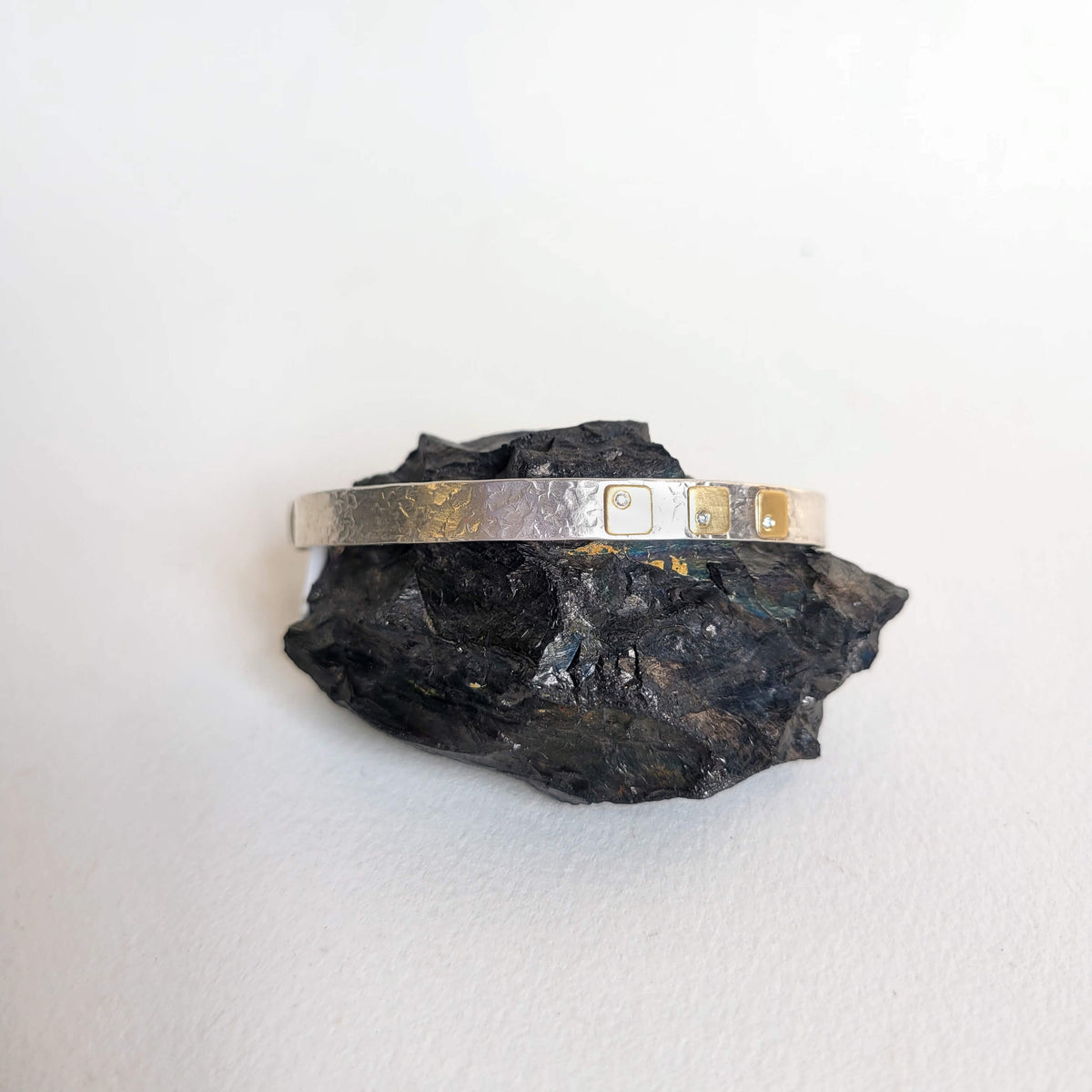 6mm Cell Cuff in Hammered Sterling Silver with White Diamond Accent