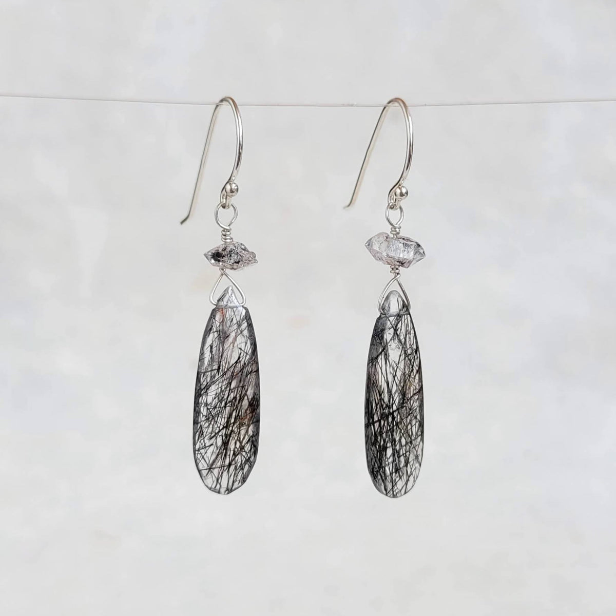 Tourmalated Quartz and Herkimer Diamond Dangly Earrings