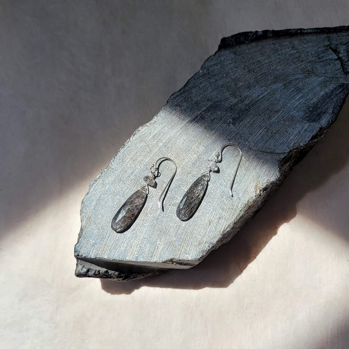 Tourmalated Quartz and Herkimer Diamond Dangly Earrings