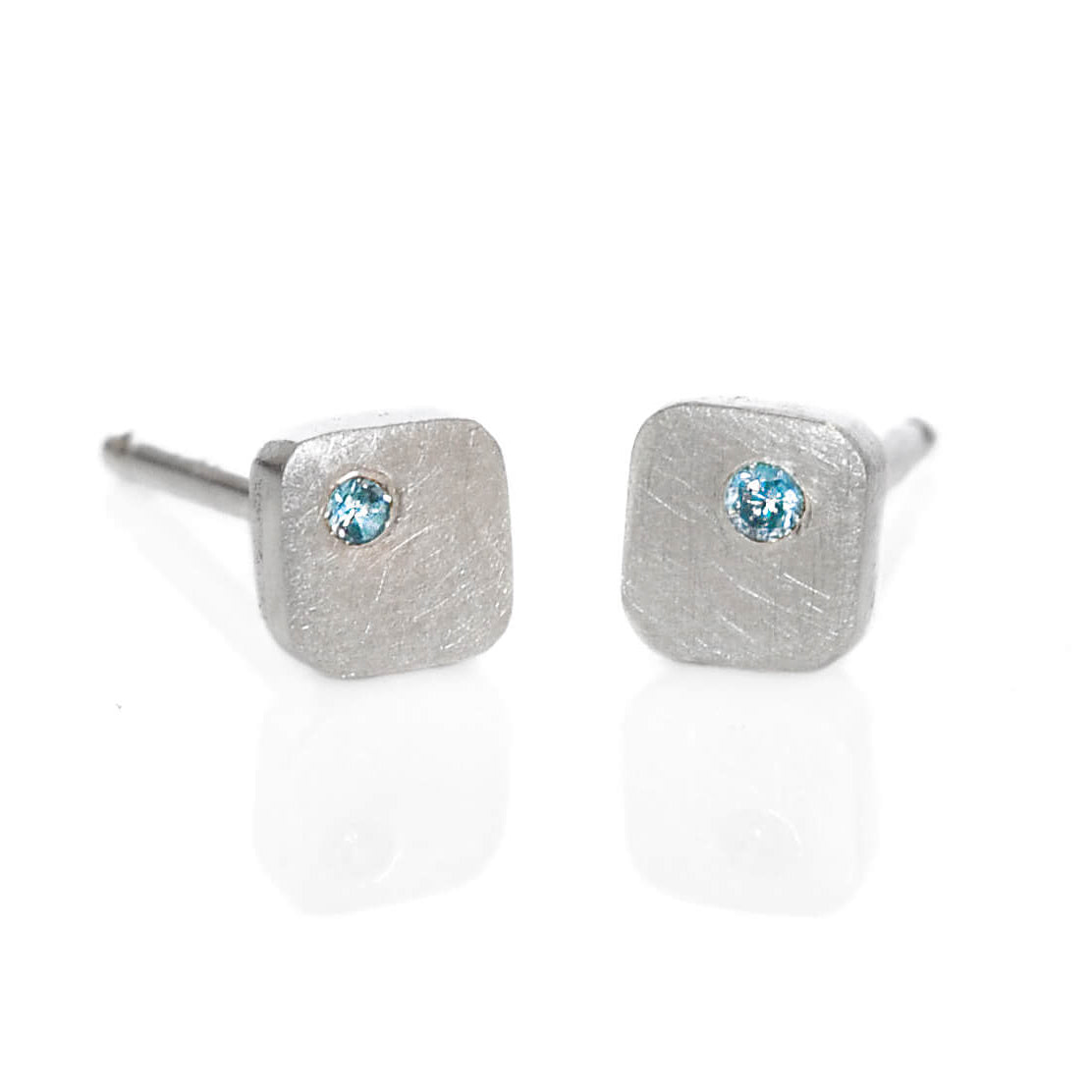 4mm Cell Studs in Sterling Silver with Aqua Diamond Accents