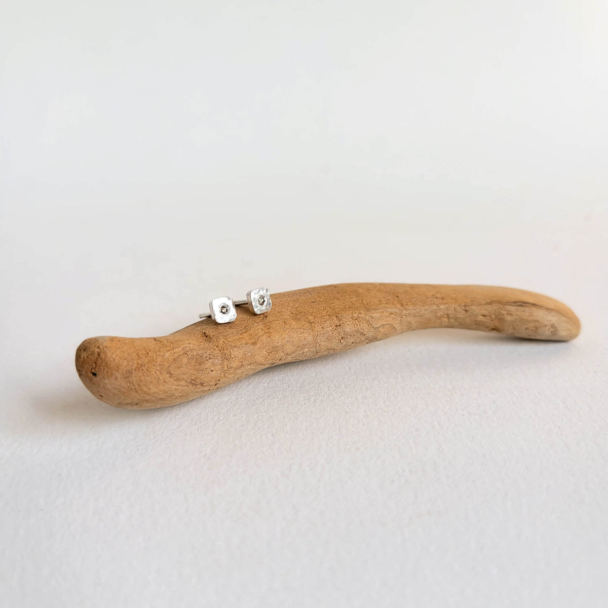 4mm Cell Studs in Hammered Sterling Silver and Champagne Diamond Accent