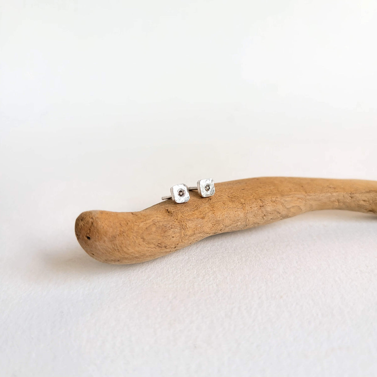 4mm Cell Studs in Hammered Sterling Silver and Champagne Diamond Accent