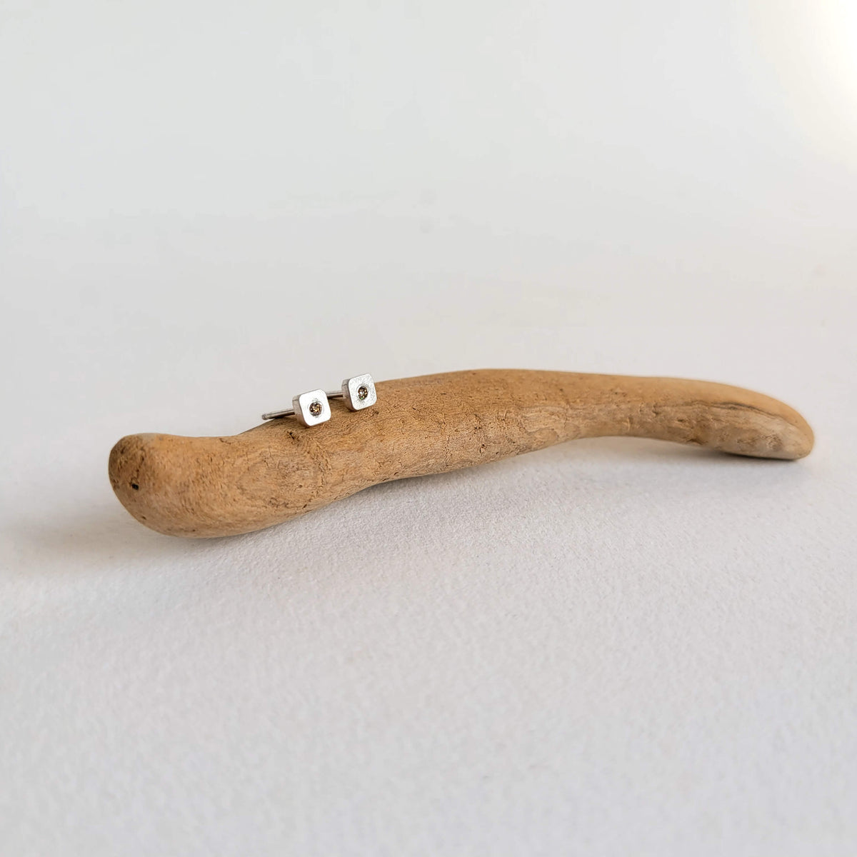 4mm Cell Studs in Hammered Sterling Silver and Champagne Diamond Accent