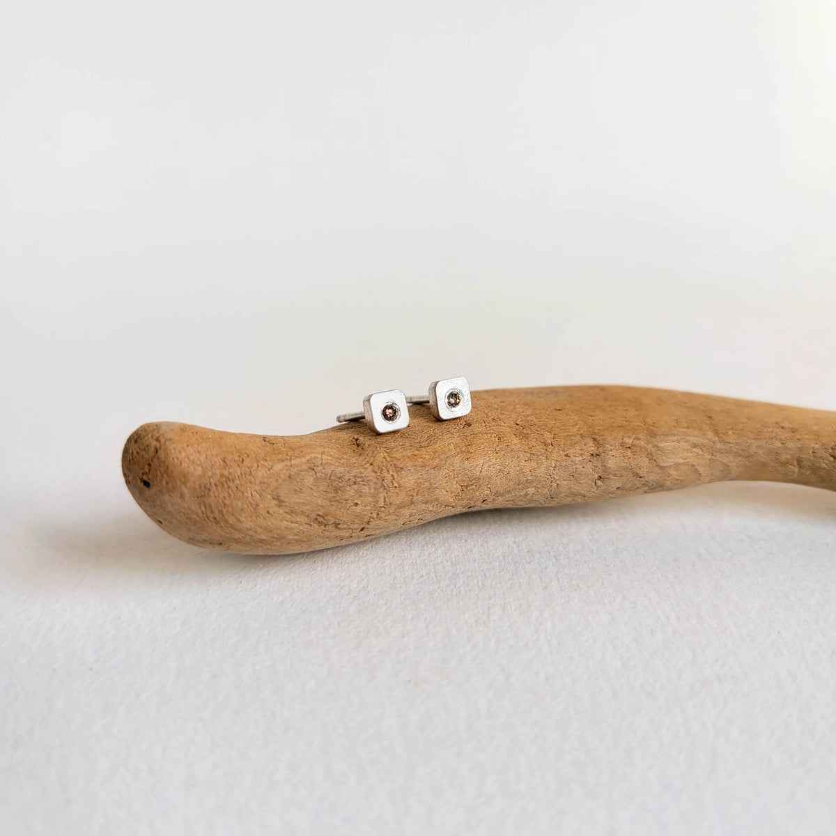 4mm Cell Studs in Hammered Sterling Silver and Champagne Diamond Accent