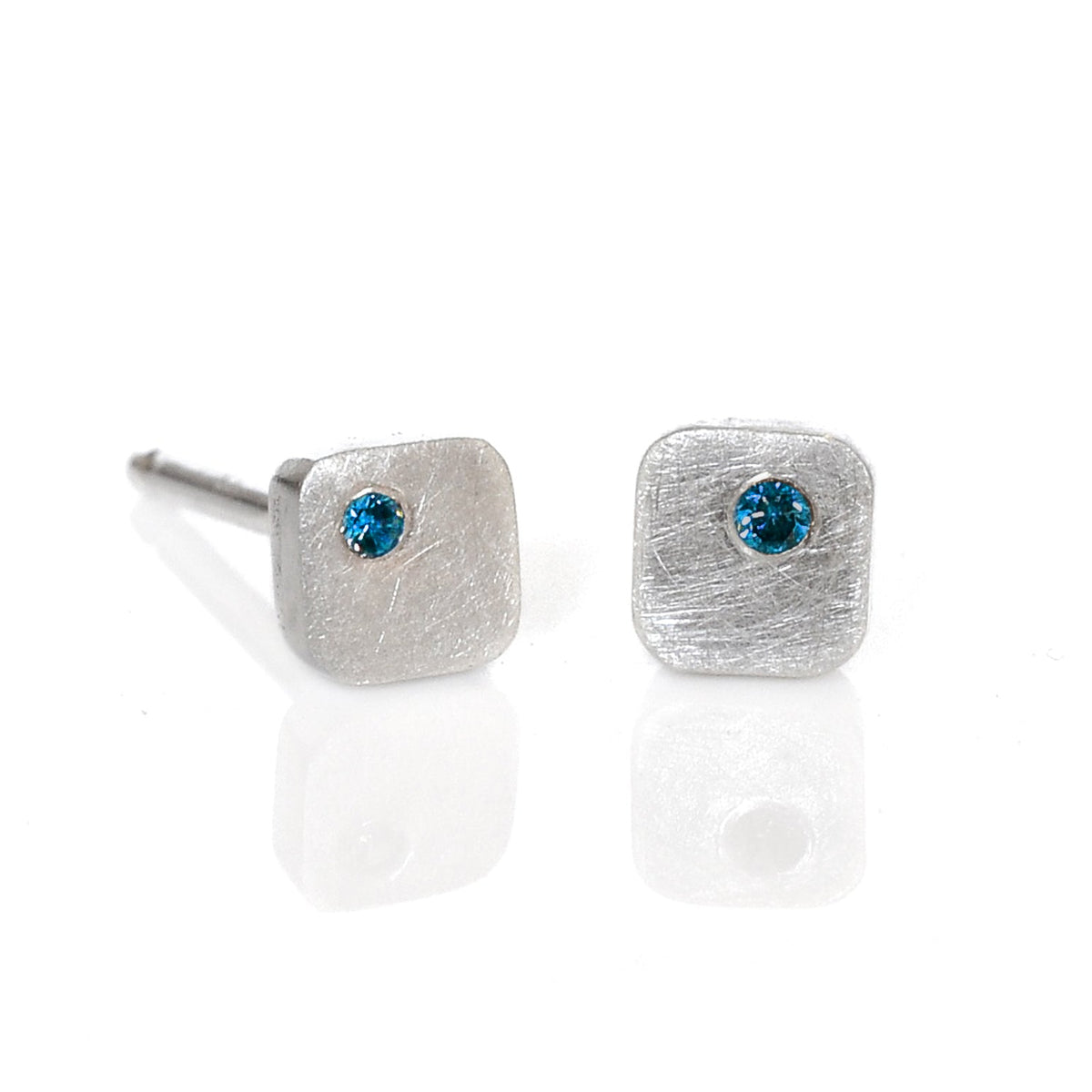 4mm Cell Studs in Sterling Silver with Teal Diamond Accents