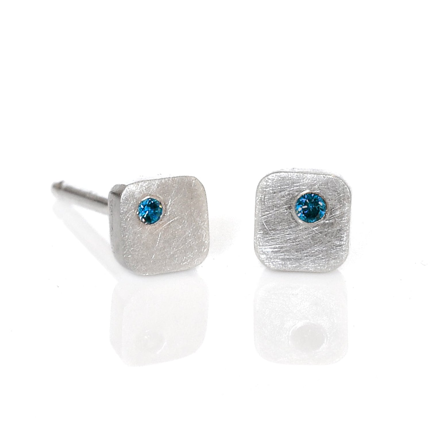 4mm Cell Studs in Sterling Silver with Teal Diamond Accents